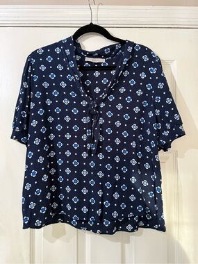 LOFT Navy Floral Tie-Neck Blouse